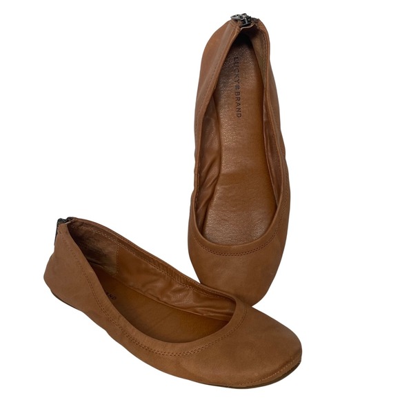 LUCKY BRAND Eikia Leather Back Zip Ballet Flats Size 8 Brown Classic Minimalist - Picture 1 of 10